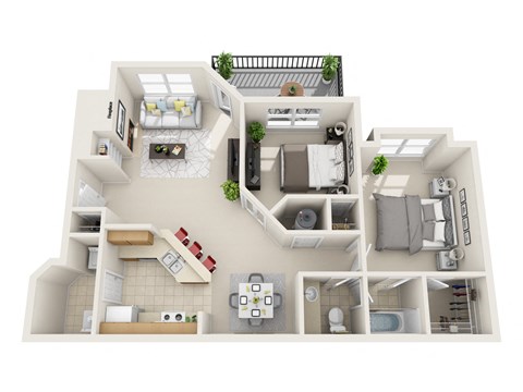 A 3D floor plan of a house with multiple rooms and furniture.